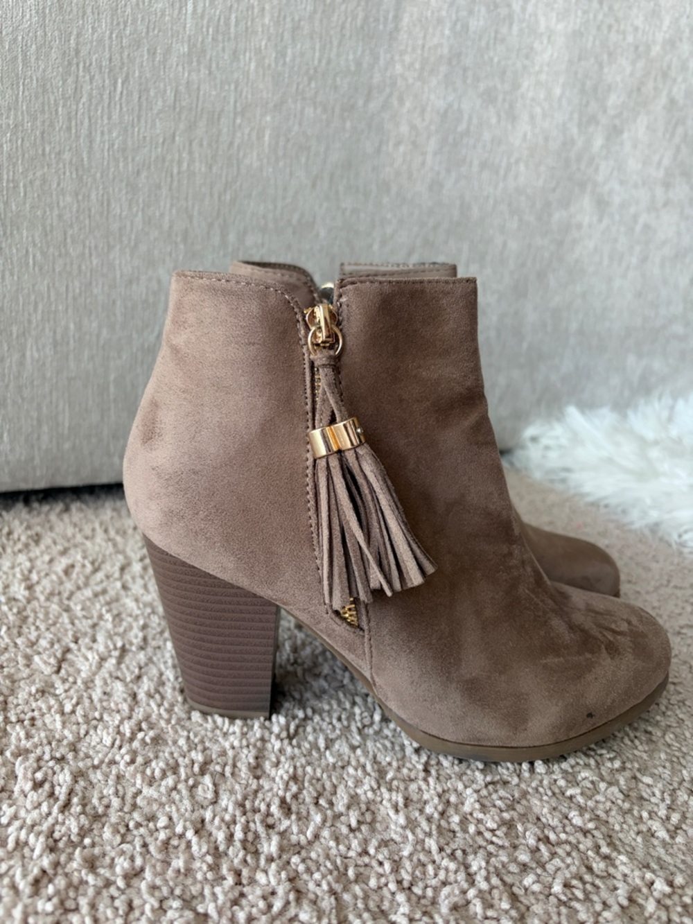 Taupe Suede Tassel Block Heel Ankle Boots